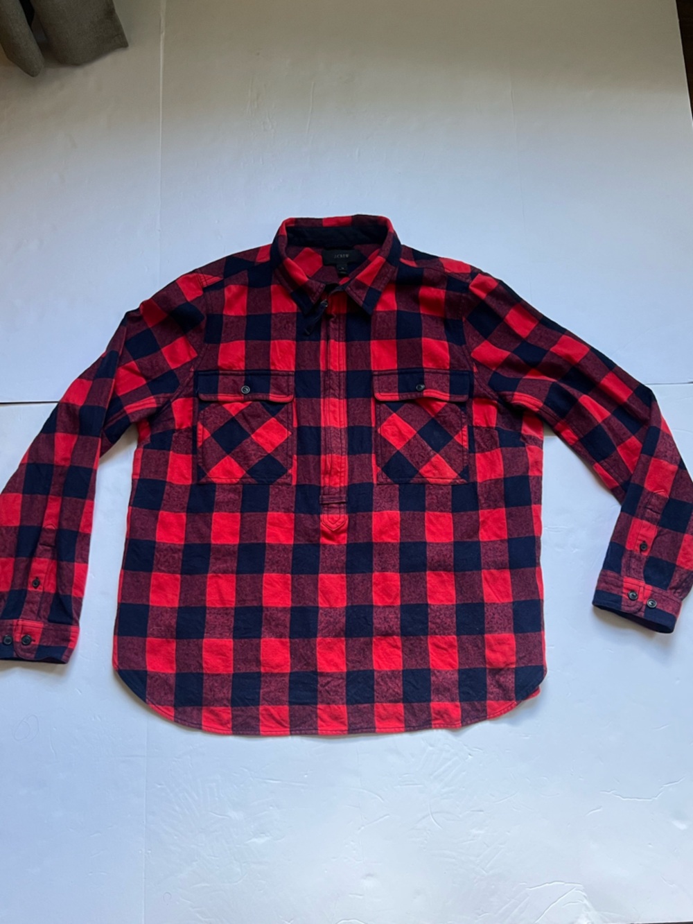 J. Crew Red Navy Buffalo Plaid 1/2 Zip Popover Wool Blend Shirt- Size XL